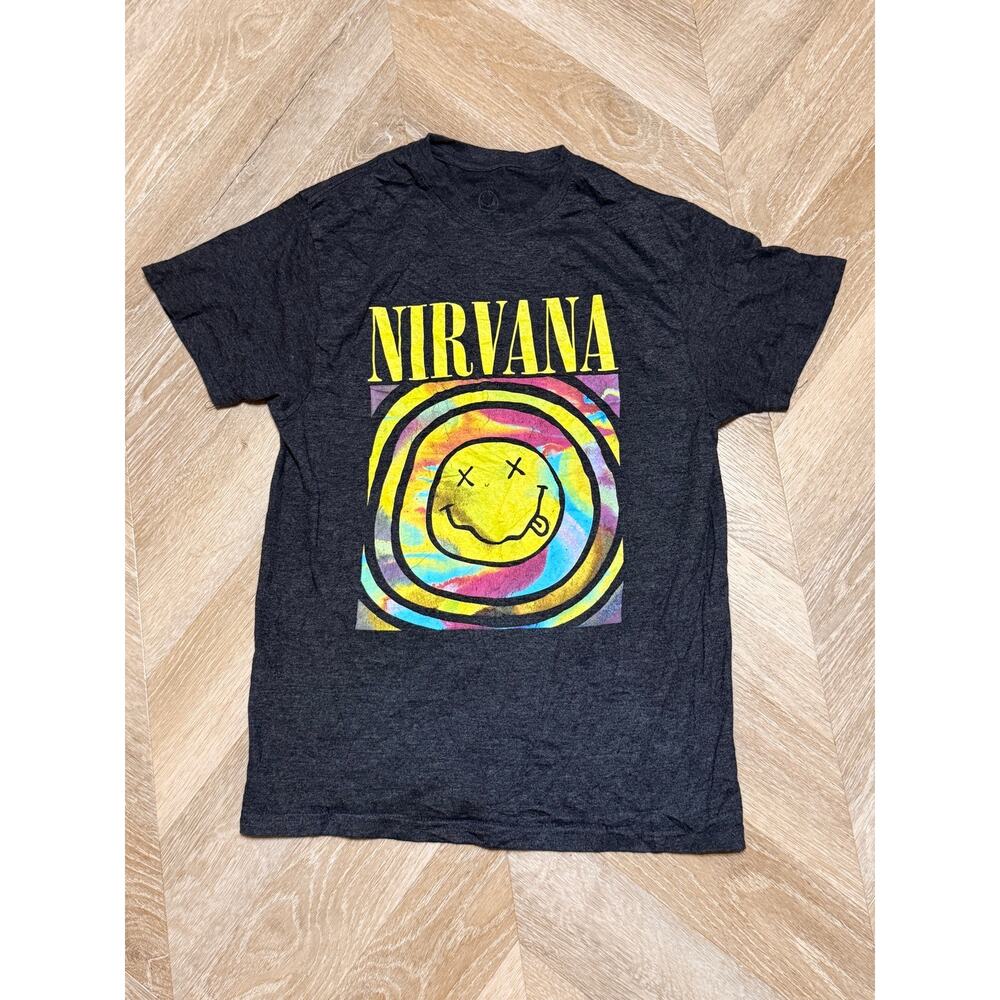 Nirvana Smiley Face Tie Dye Spiral Charcoal Graphic Tee Large Grunge Rock